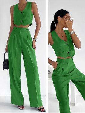 COMMENSE Solid Button Front Waistcoat With Pants Matching Set in Green Sz S